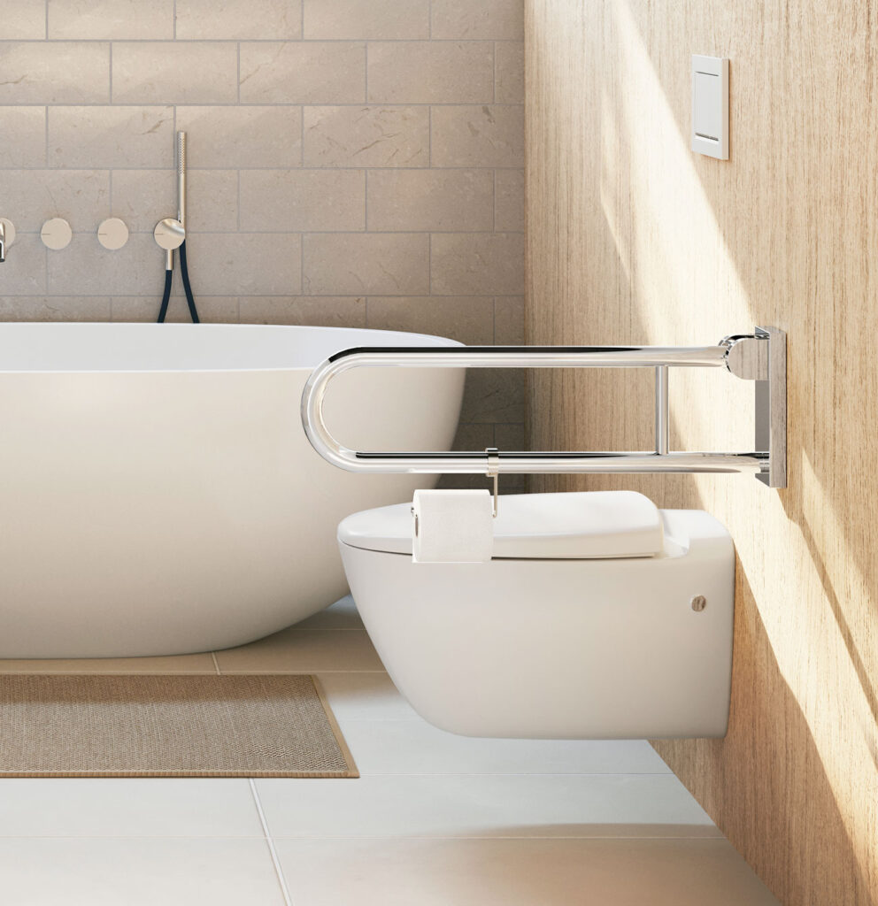 Living flexible module series with grab bar in beige bathroom