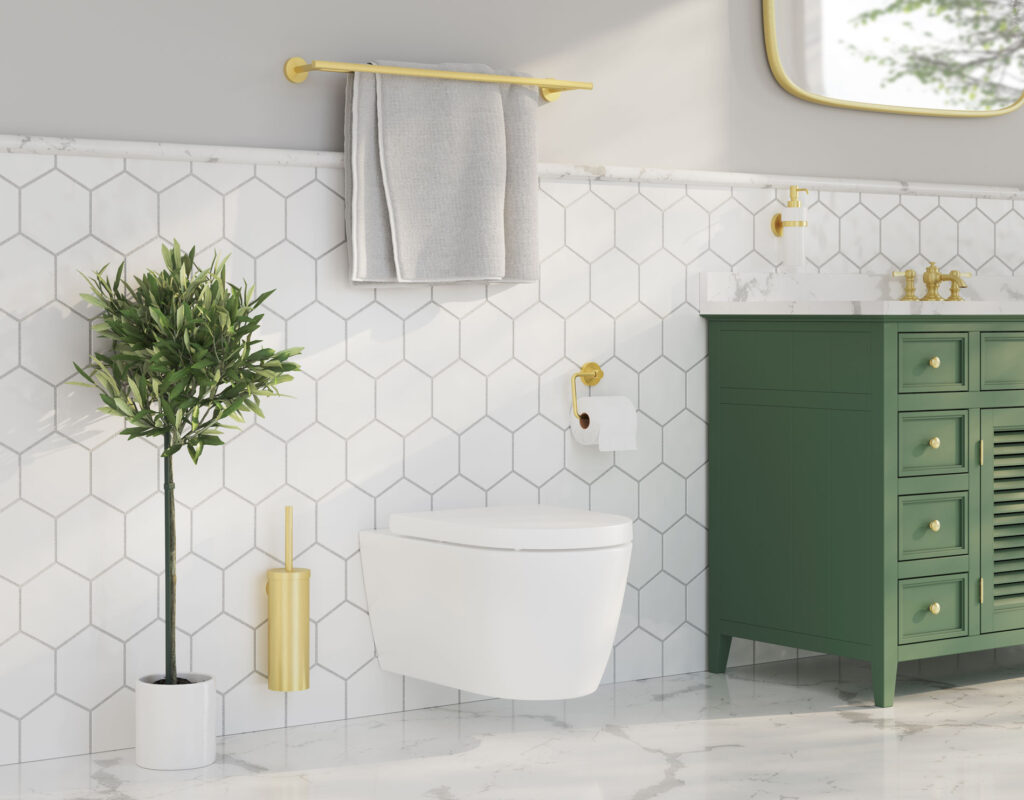 classic bathroom with white tiles brass details